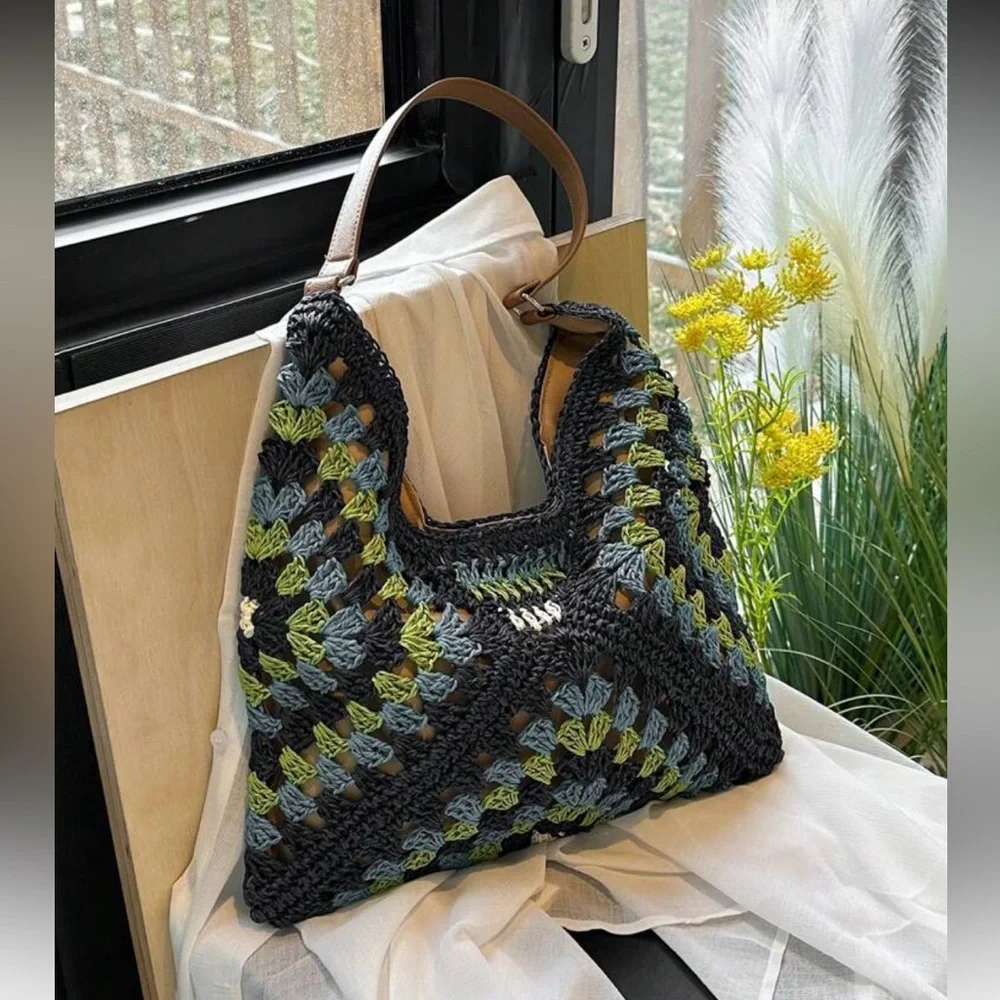 Elegant Blue and Green Crochet Hobo Bag